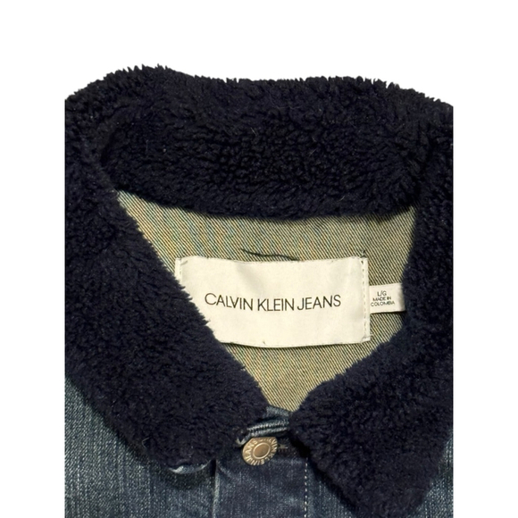 Calvin Klein Men’s 90s Sherpa Denim Trucker Jeans Jacket Dark Wash Navy Sz L​​​​ - Picture 3 of 10